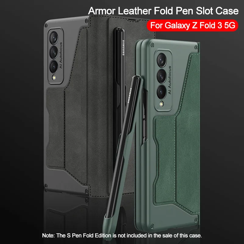 Luxury Leather Pen Slot Case For Samsung Galaxy Z Fold 3 5G Armor Anti-knock Hard Back Cover For Samsung Z Fold 3 5G Case