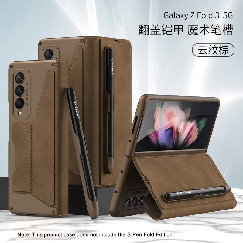 Luxury Leather Pen Slot Case For Samsung Galaxy Z Fold 3 5G Armor Anti-knock Hard Back Cover For Samsung Z Fold 3 5G Case