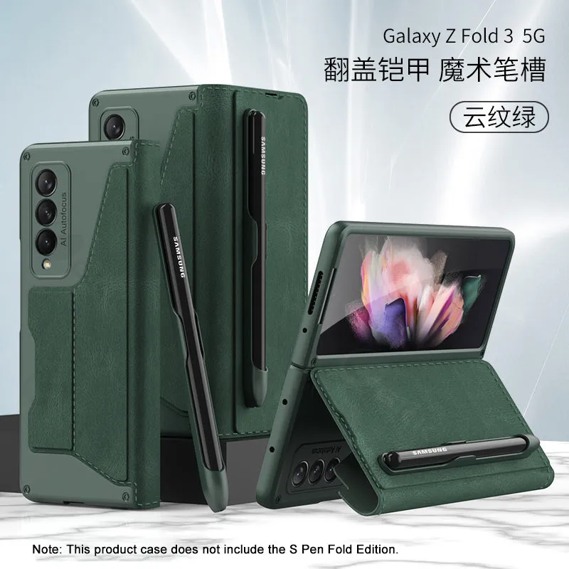 Luxury Leather Pen Slot Case For Samsung Galaxy Z Fold 3 5G Armor Anti-knock Hard Back Cover For Samsung Z Fold 3 5G Case