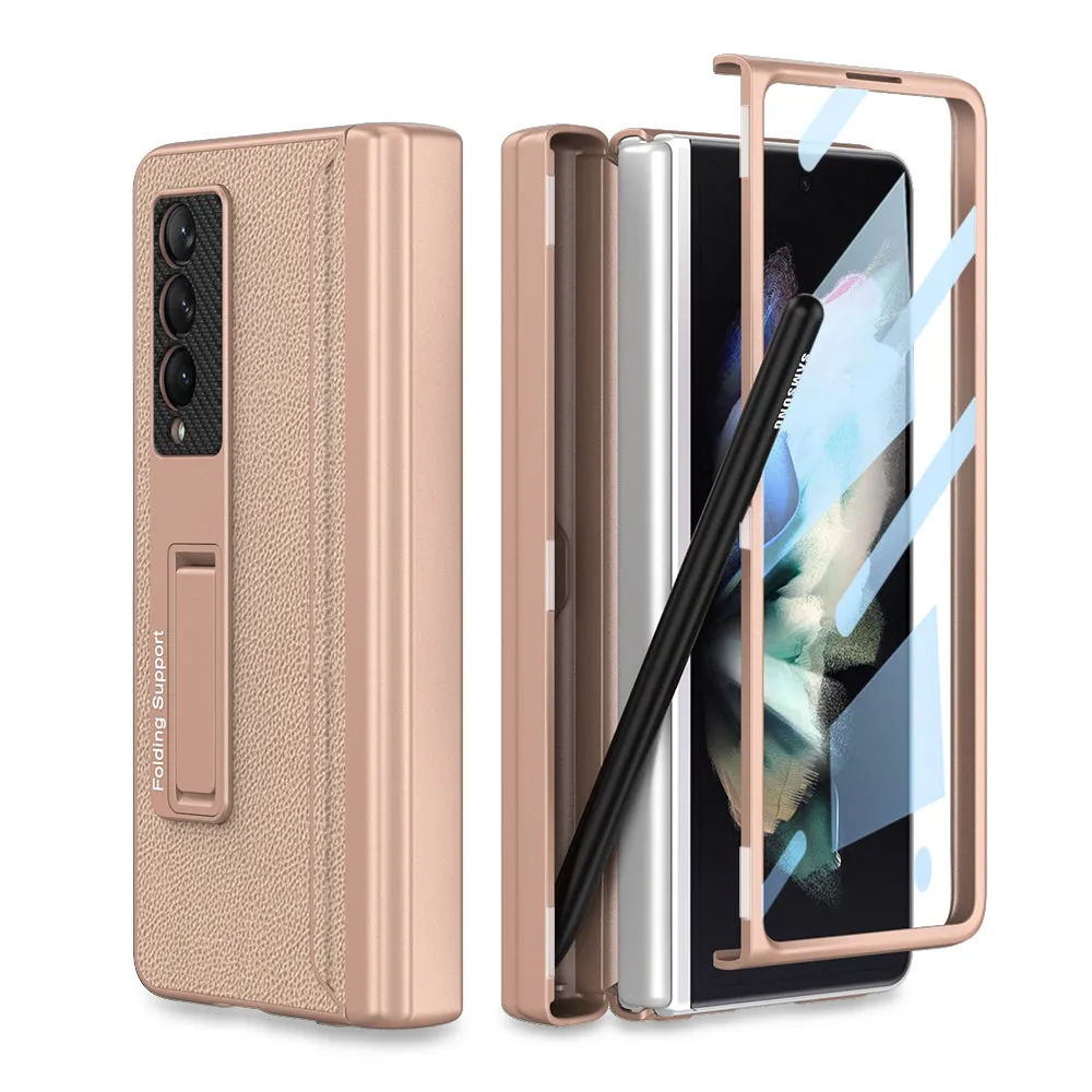 Magnetic Leather Screen Glass All-included Cover For Samsung Galaxy Z Fold 3 Pen Case Holder Phone Case For Galaxy Z Fold3