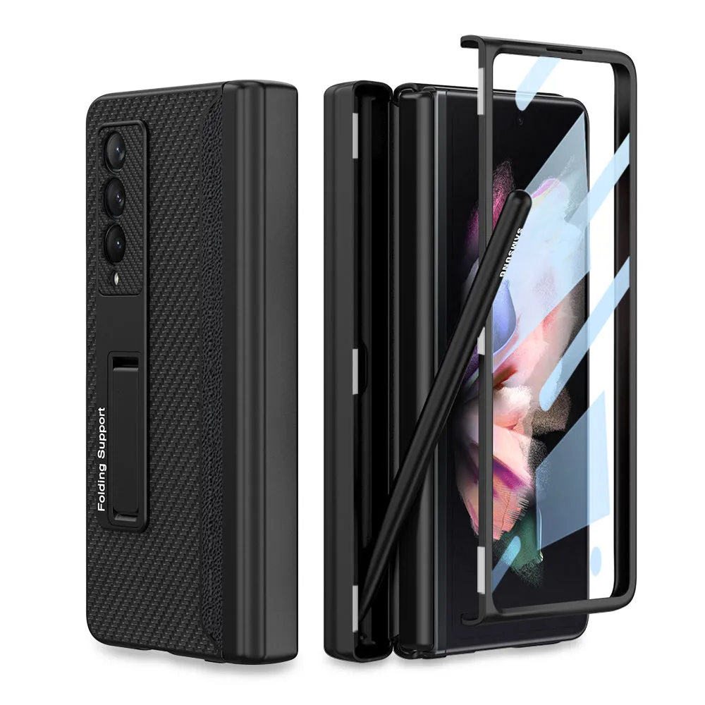 Magnetic Leather Screen Glass All-included Cover For Samsung Galaxy Z Fold 3 Pen Case Holder Phone Case For Galaxy Z Fold3
