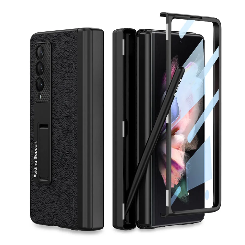 Magnetic Leather Screen Glass All-included Cover For Samsung Galaxy Z Fold 3 Pen Case Holder Phone Case For Galaxy Z Fold3