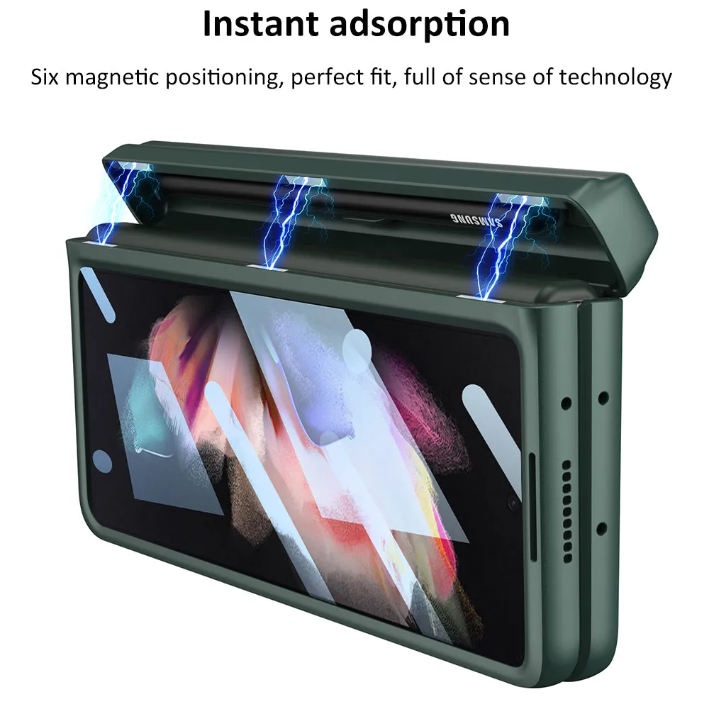 Magnetic Leather Screen Glass All-included Cover For Samsung Galaxy Z Fold 3 Pen Case Holder Phone Case For Galaxy Z Fold3