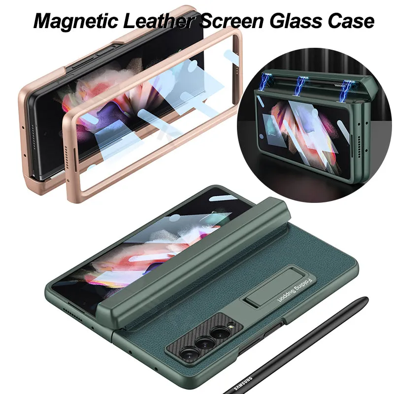 Magnetic Leather Screen Glass All-included Cover For Samsung Galaxy Z Fold 3 Pen Case Holder Phone Case For Galaxy Z Fold3