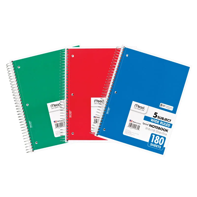 Mead Products MEA05680-3 10.5 x 8 in. Notebook Spiral 5 Subject - 180