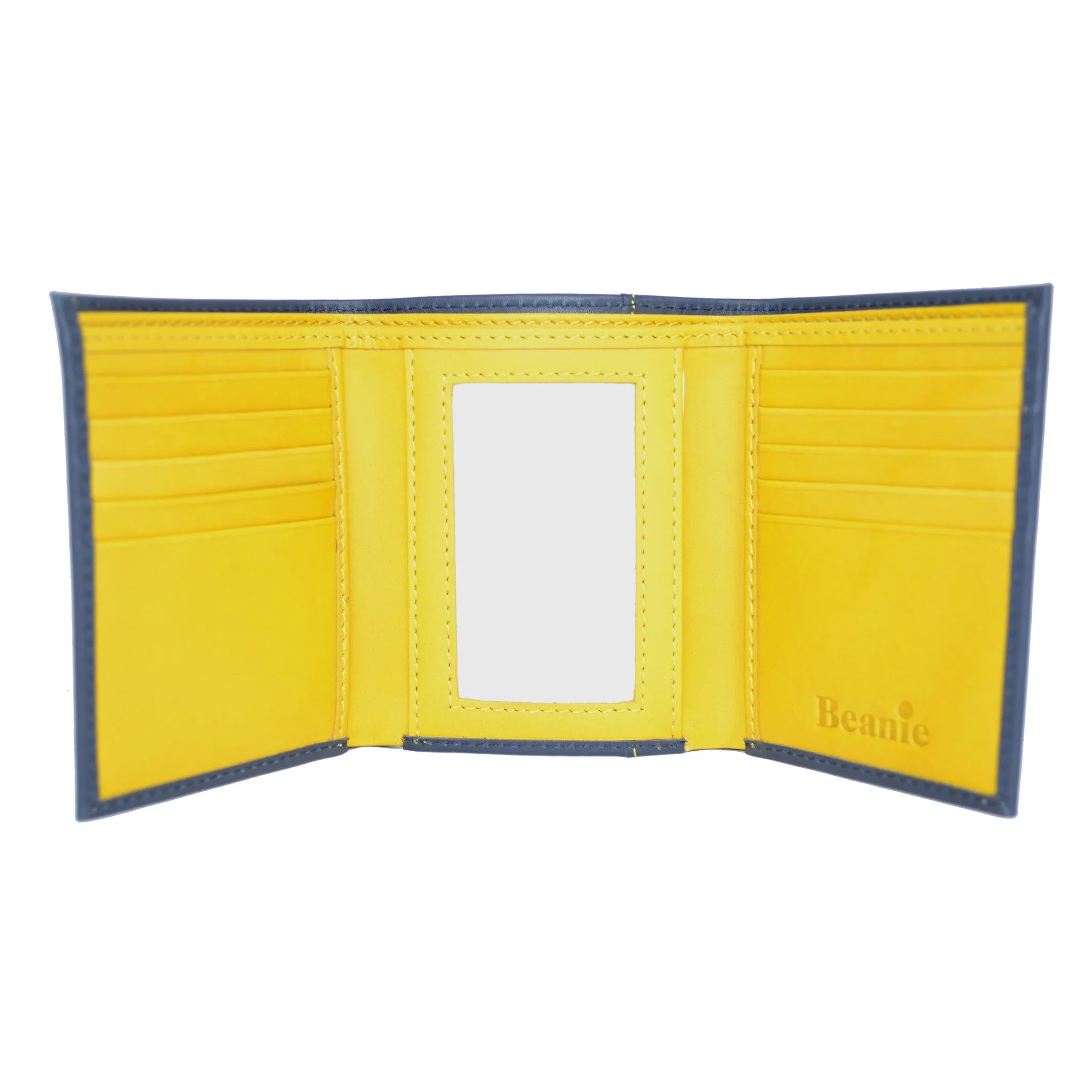 Men's Leather Trifold Wallet - Navy/Yellow