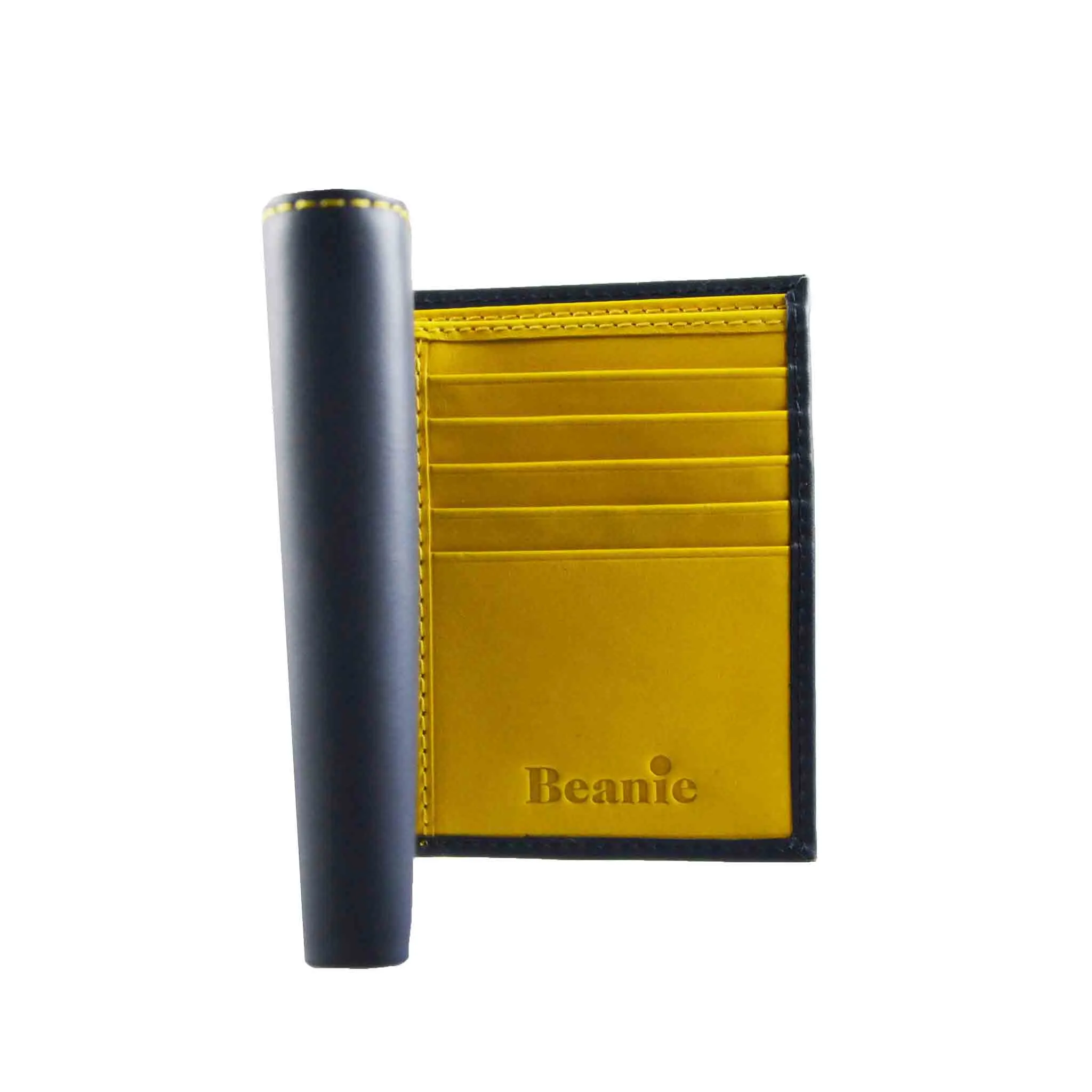 Men's Leather Trifold Wallet - Navy/Yellow