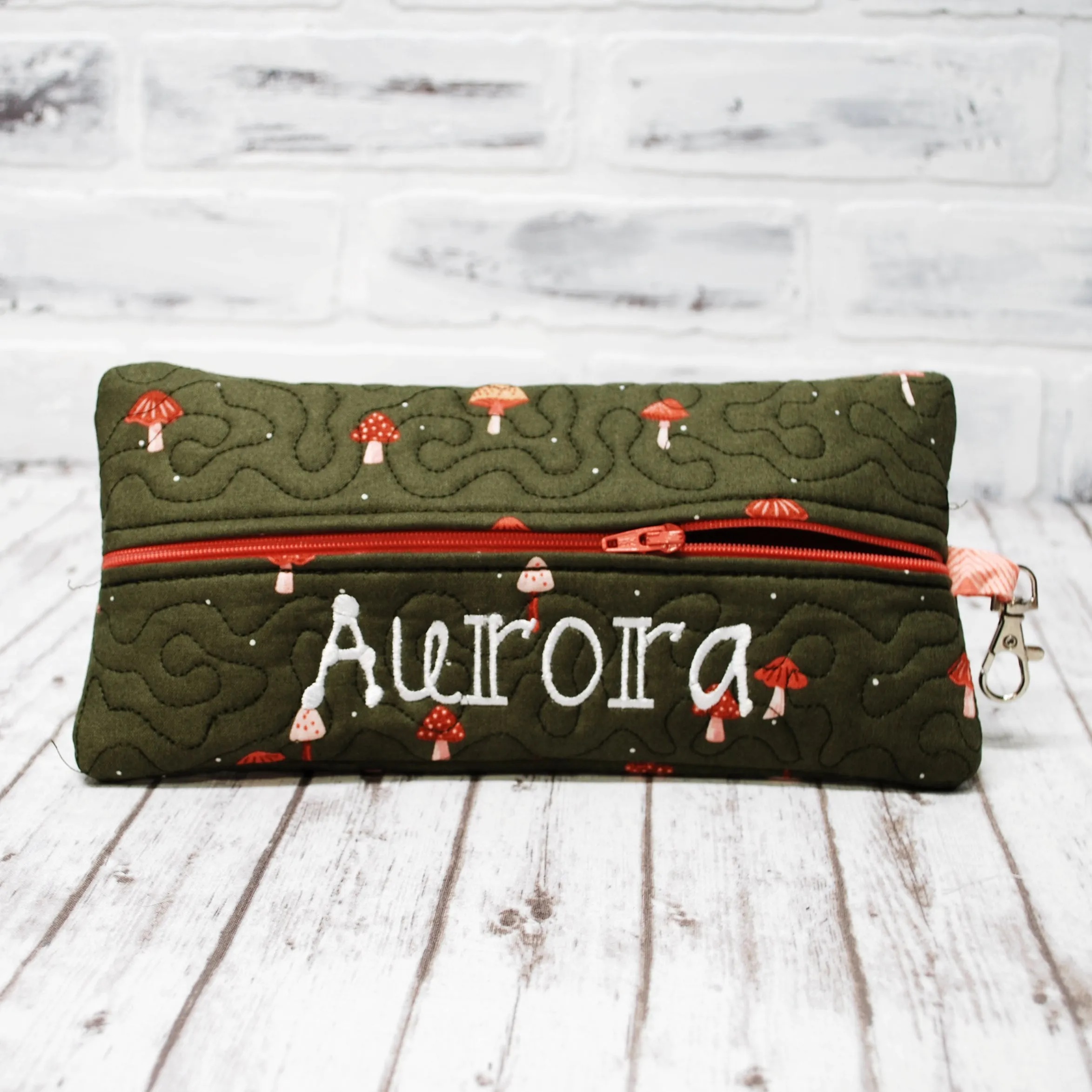 Mushroom Olive Personalized Quilted Pouch