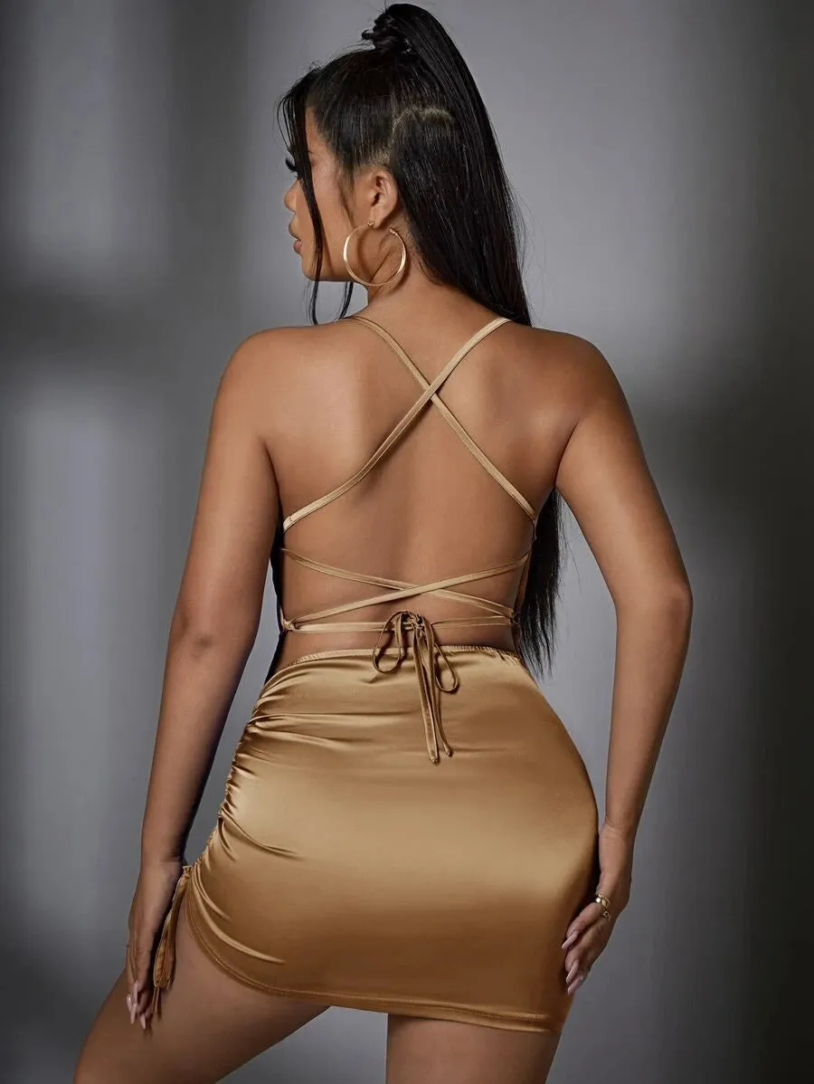New SHEIN SXY Draped Drawstring Side Lace Up Backless Satin Bodycon Dress in Khaki, Sz M
