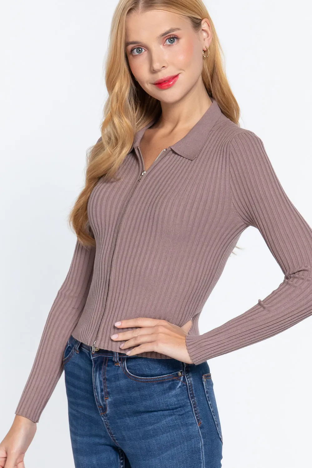 Notched Collar Zippered Sweater