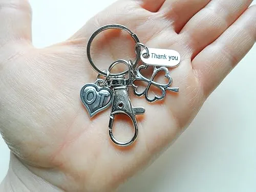 Occupational Therapist Appreciation Keychain with OT Charm, Clover Charm, Thank You Charm, and a Swivel Clasp; Clinic Staff and Employee Thank You Keychain