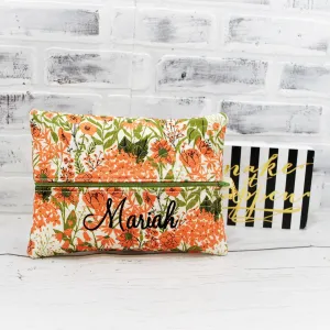Olive and Orange Floral Personalized Quilted Pouch