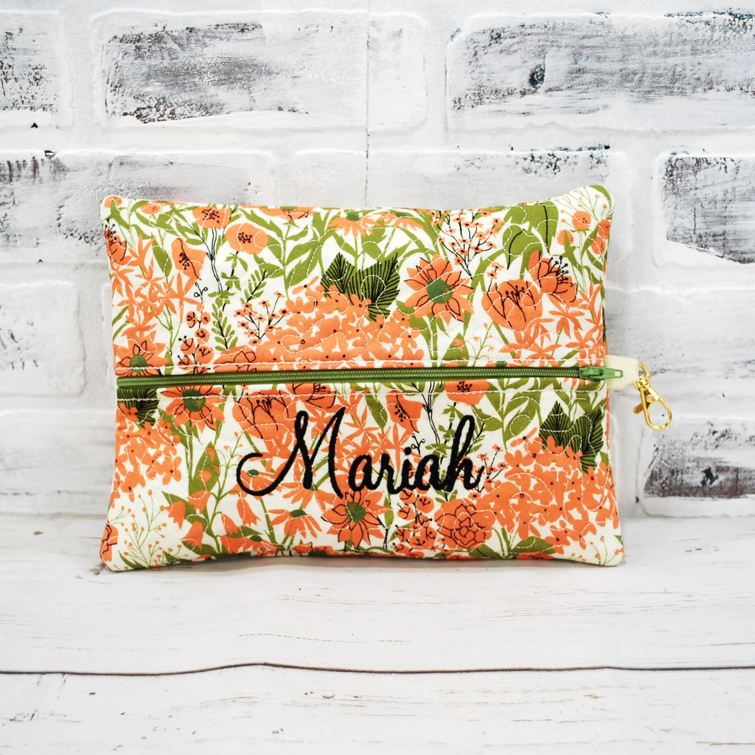 Olive and Orange Floral Personalized Quilted Pouch