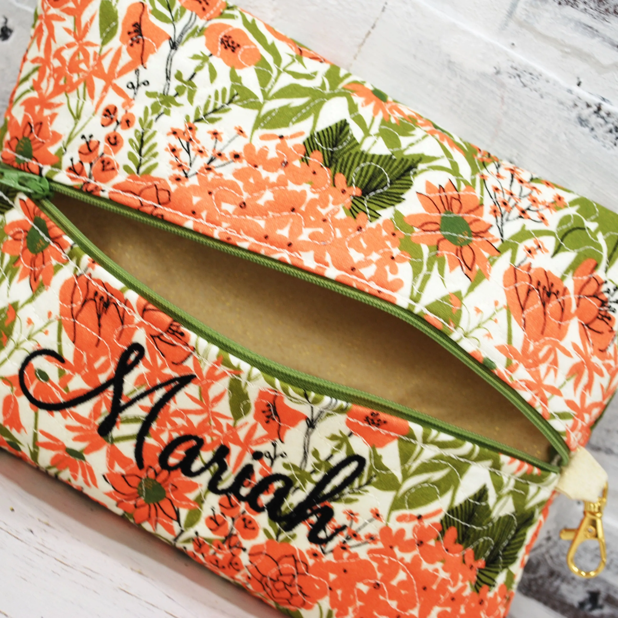 Olive and Orange Floral Personalized Quilted Pouch