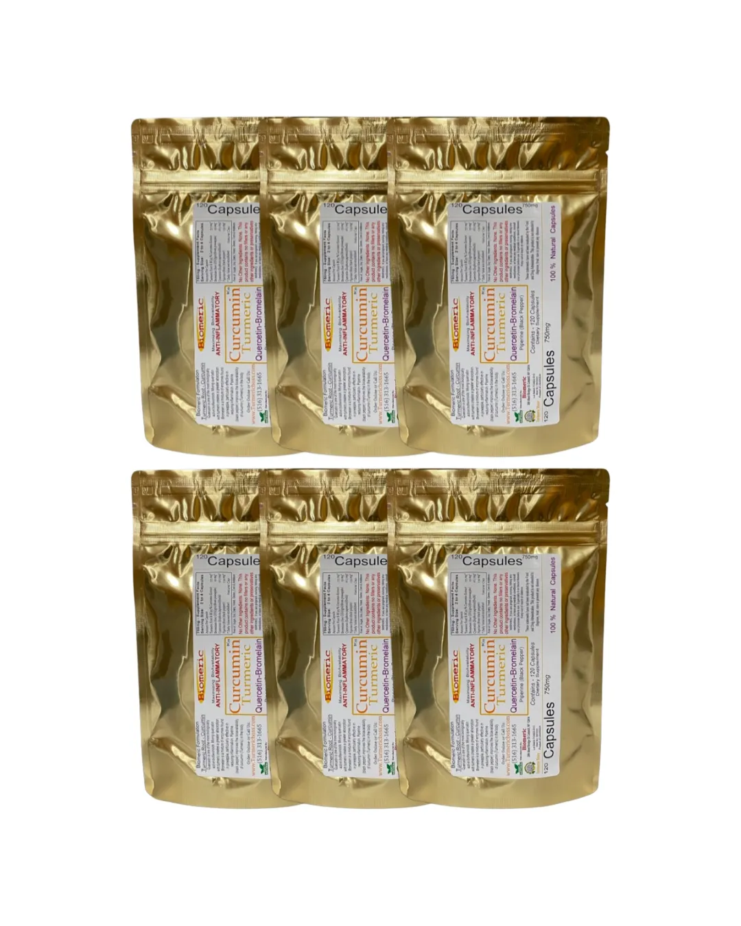 One Year Supply of Turmeric Supplement Capsules- Curcumin, Quercetin, Bromelain, & Piperine  (6 Pouches, 720 Capsules)