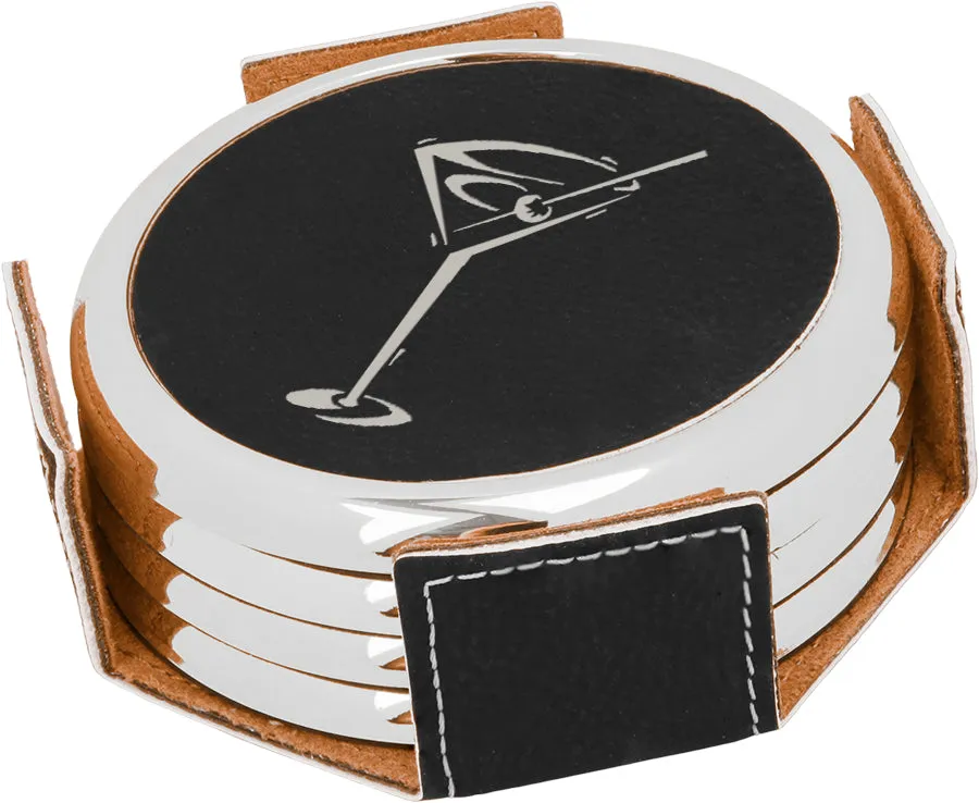 Personalized Black And Silver Leatherette Coaster Set With Holder