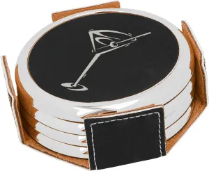 Personalized Black And Silver Leatherette Coaster Set With Holder