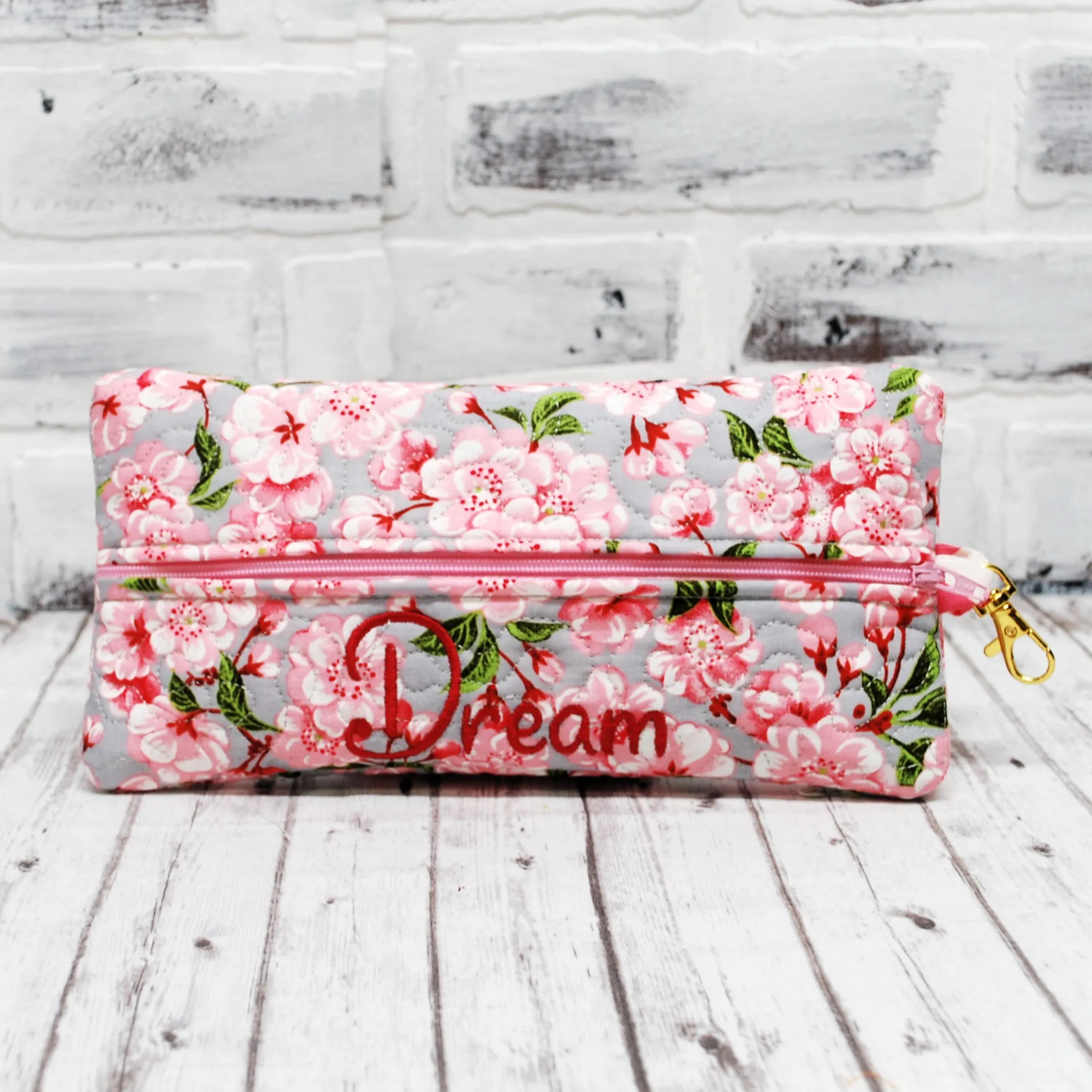Pink with Gray Dogwoods Personalized Quilted Pouch