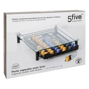 Porta Capsule con Cassetto in Metallo e Vetro Nero / 60 slot / 31 x 7 x 40,5 cm