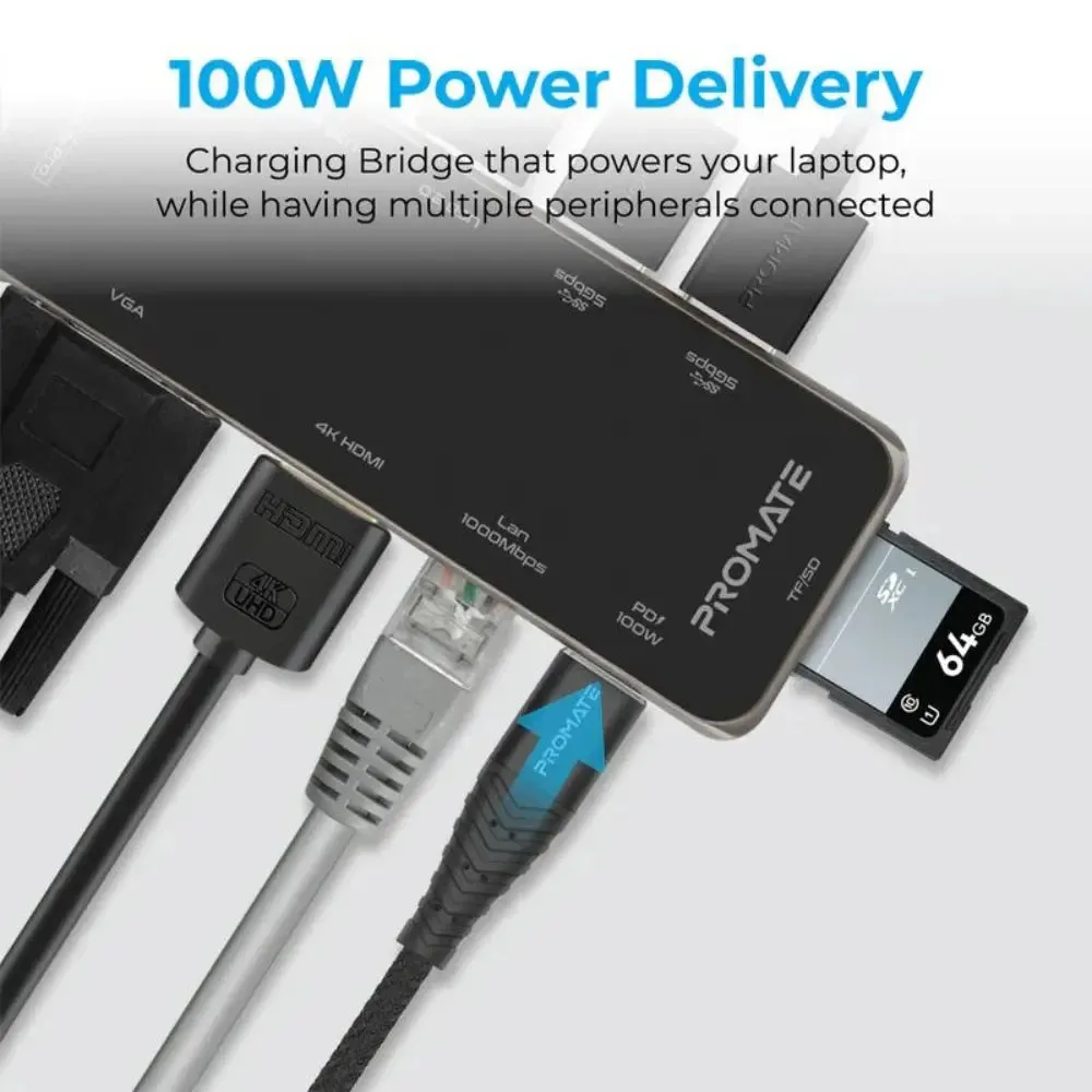 Promate, PrimeHub-Pro USB-C Hub, 11-in-1 Type-C Multi-Port Adapter with 100W USB-C Power Delivery