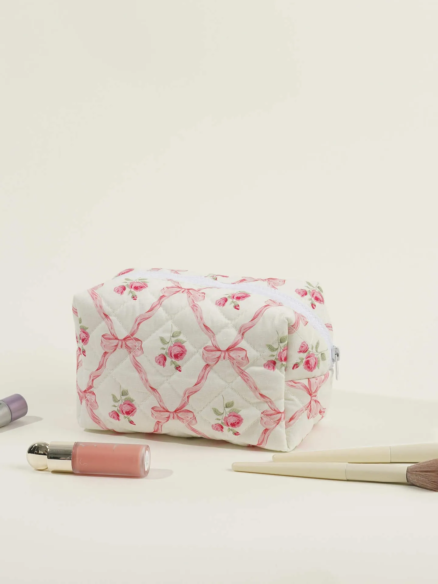 Quilted Large Capacity Bow Printed Rose Cosmetic Bags