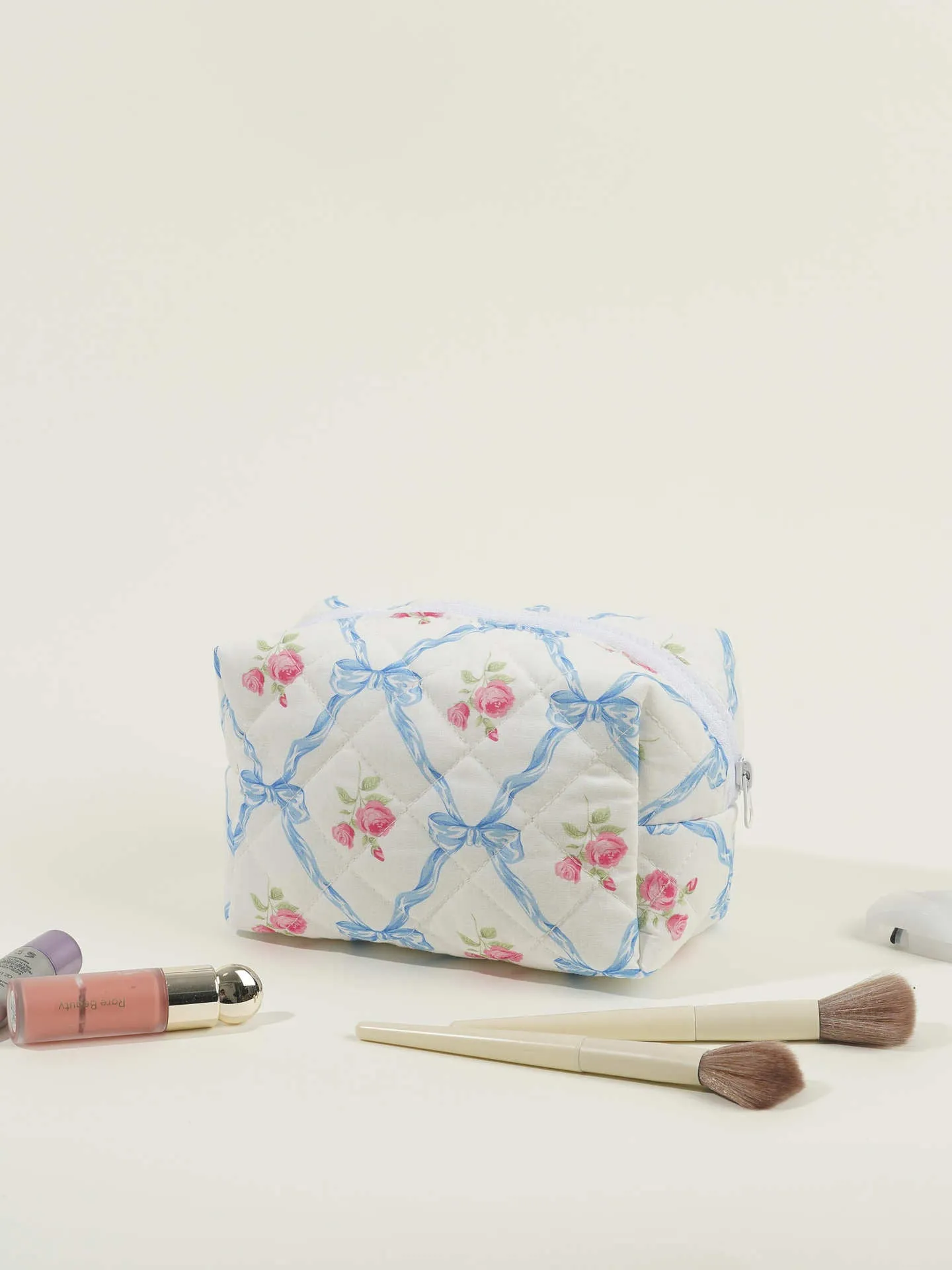 Quilted Large Capacity Bow Printed Rose Cosmetic Bags