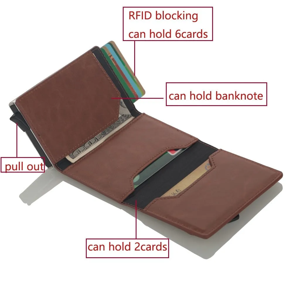 Realaiot Credit Card Holder New Aluminum Box Card Wallet RFID PU Leather Pop Up Card Case Magnet Carbon Fiber Coin Purse