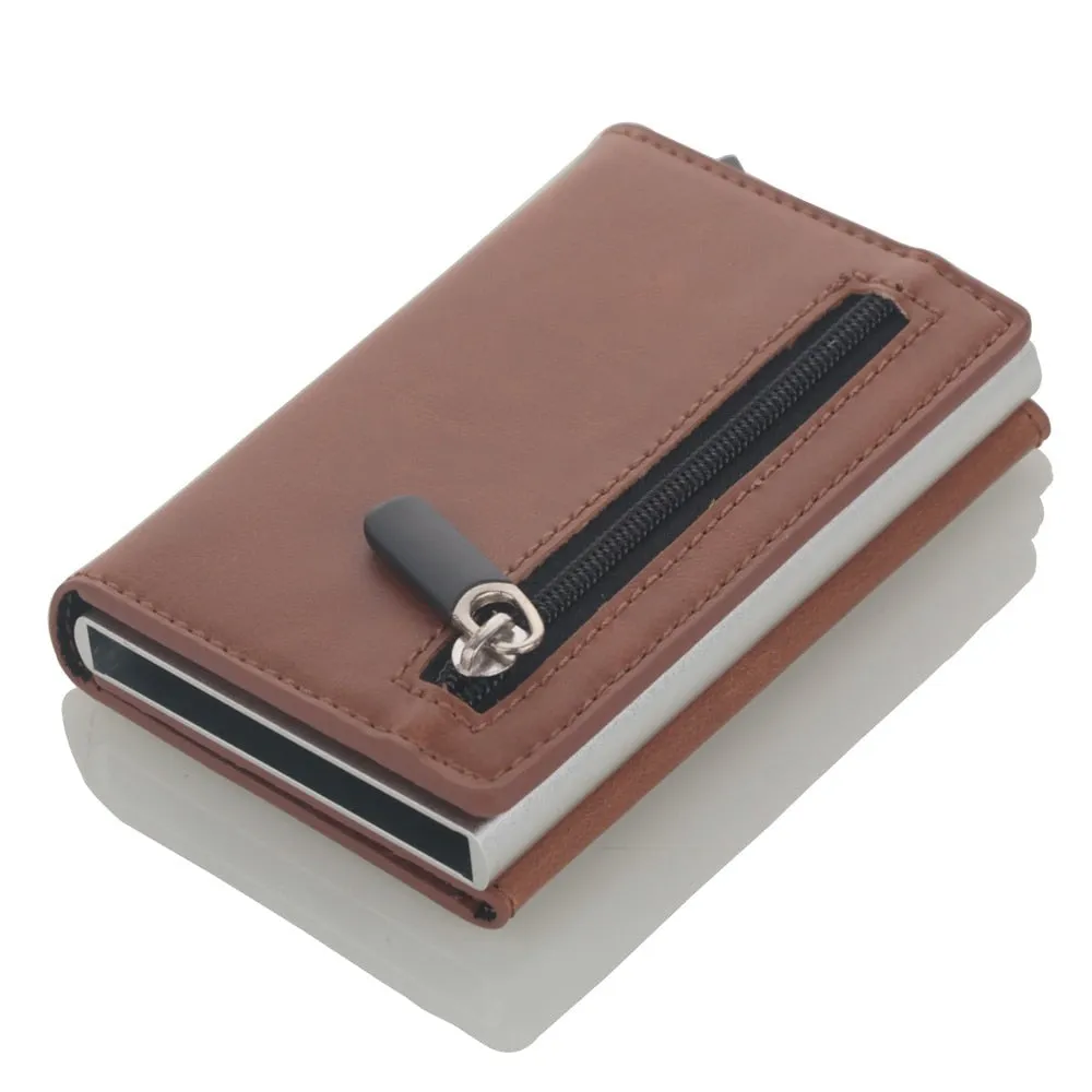 Realaiot Credit Card Holder New Aluminum Box Card Wallet RFID PU Leather Pop Up Card Case Magnet Carbon Fiber Coin Purse