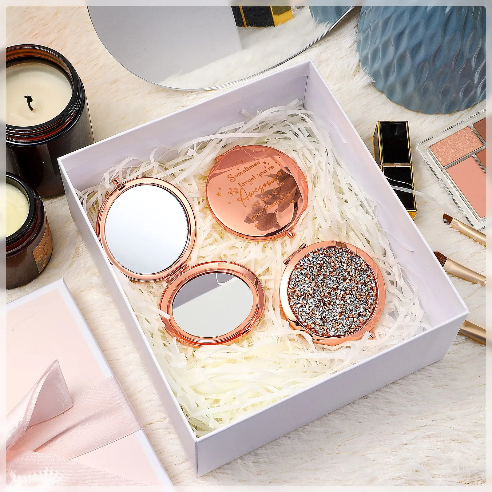 Roowest 10 Pcs Inspirational Compact Mirror Sometimes You Forget You're Awesome Appreciation Gifts for Women Mother's Day Party Favors Magnifying Pocket Mirror (Rose Gold)