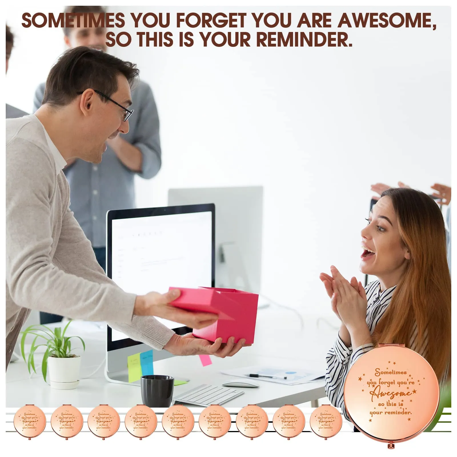 Roowest 10 Pcs Inspirational Compact Mirror Sometimes You Forget You're Awesome Appreciation Gifts for Women Mother's Day Party Favors Magnifying Pocket Mirror (Rose Gold)