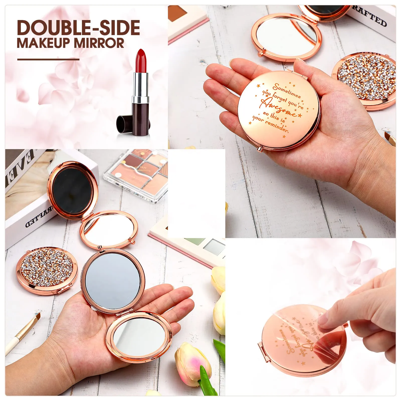 Roowest 10 Pcs Inspirational Compact Mirror Sometimes You Forget You're Awesome Appreciation Gifts for Women Mother's Day Party Favors Magnifying Pocket Mirror (Rose Gold)