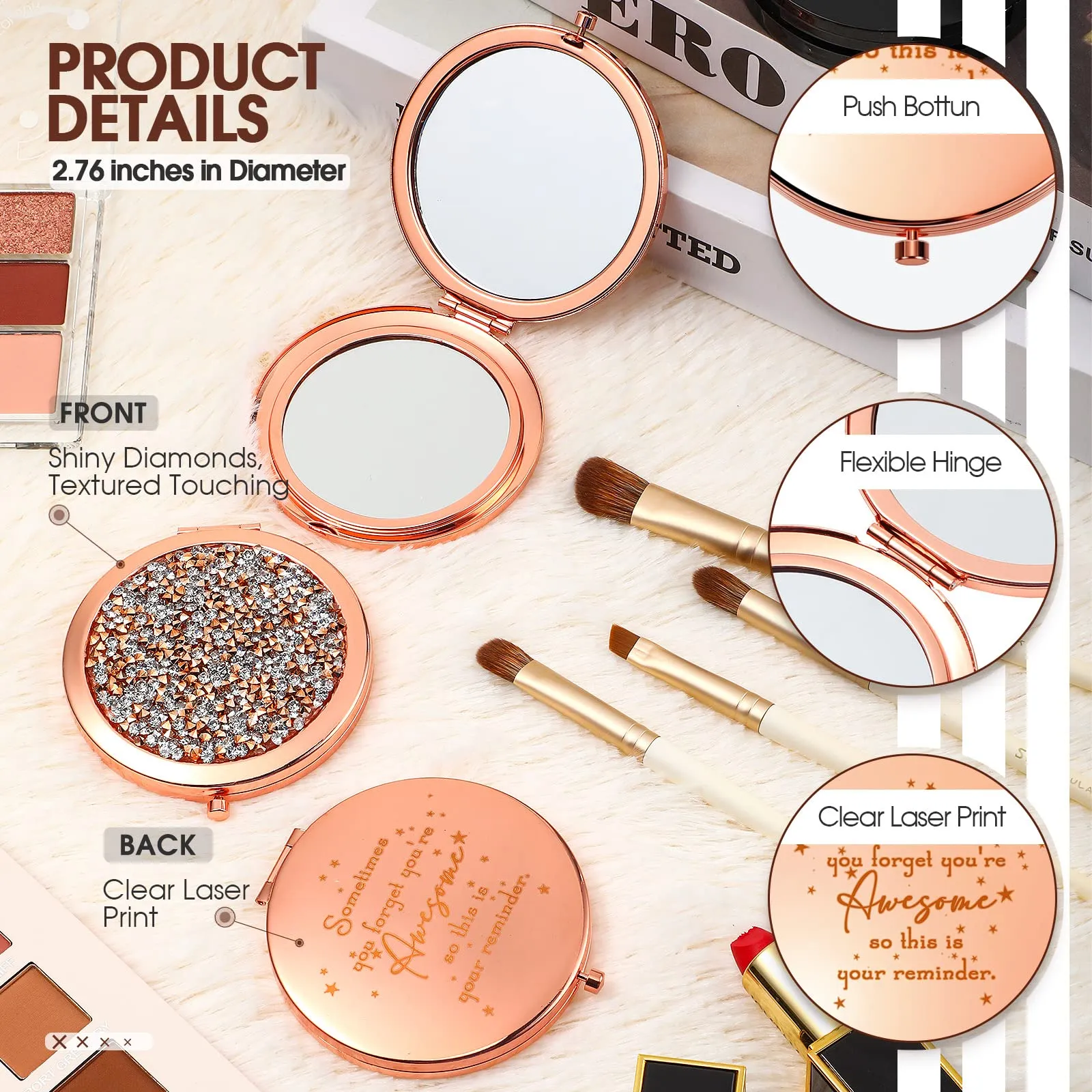 Roowest 10 Pcs Inspirational Compact Mirror Sometimes You Forget You're Awesome Appreciation Gifts for Women Mother's Day Party Favors Magnifying Pocket Mirror (Rose Gold)