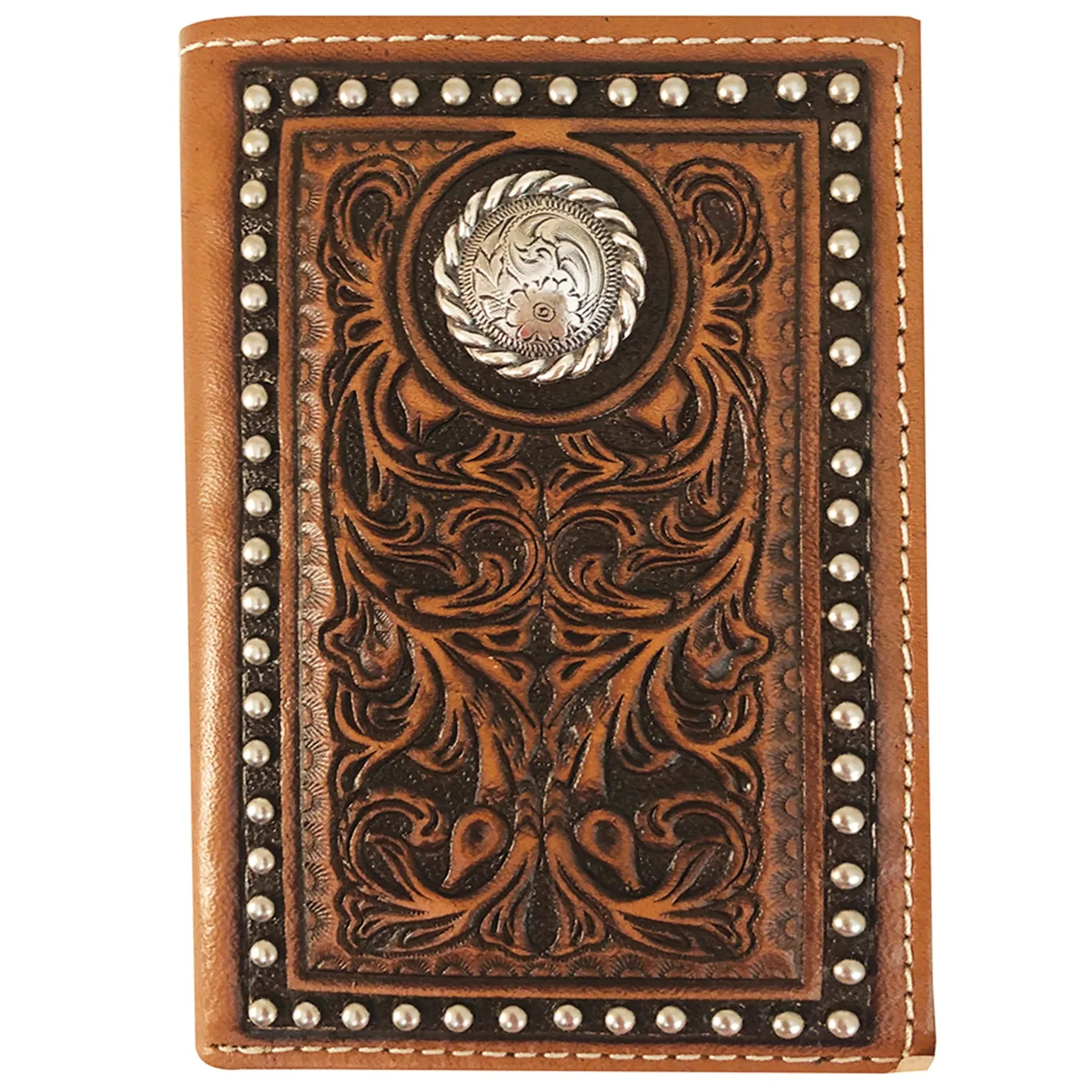 Roper Wallet Tri Fold Tooled Leather Tan