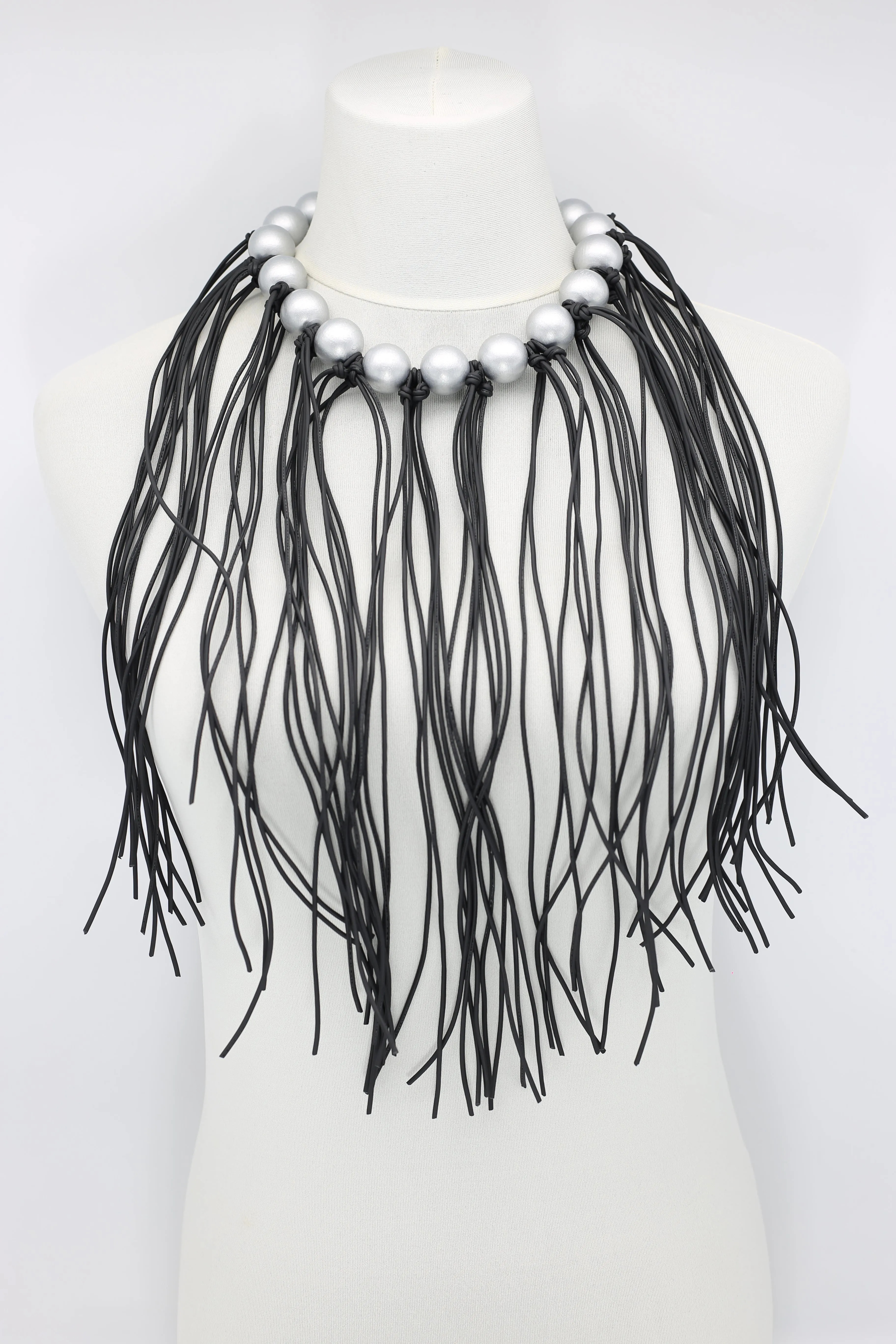 Round Beads & Leatherette Fringe Necklace
