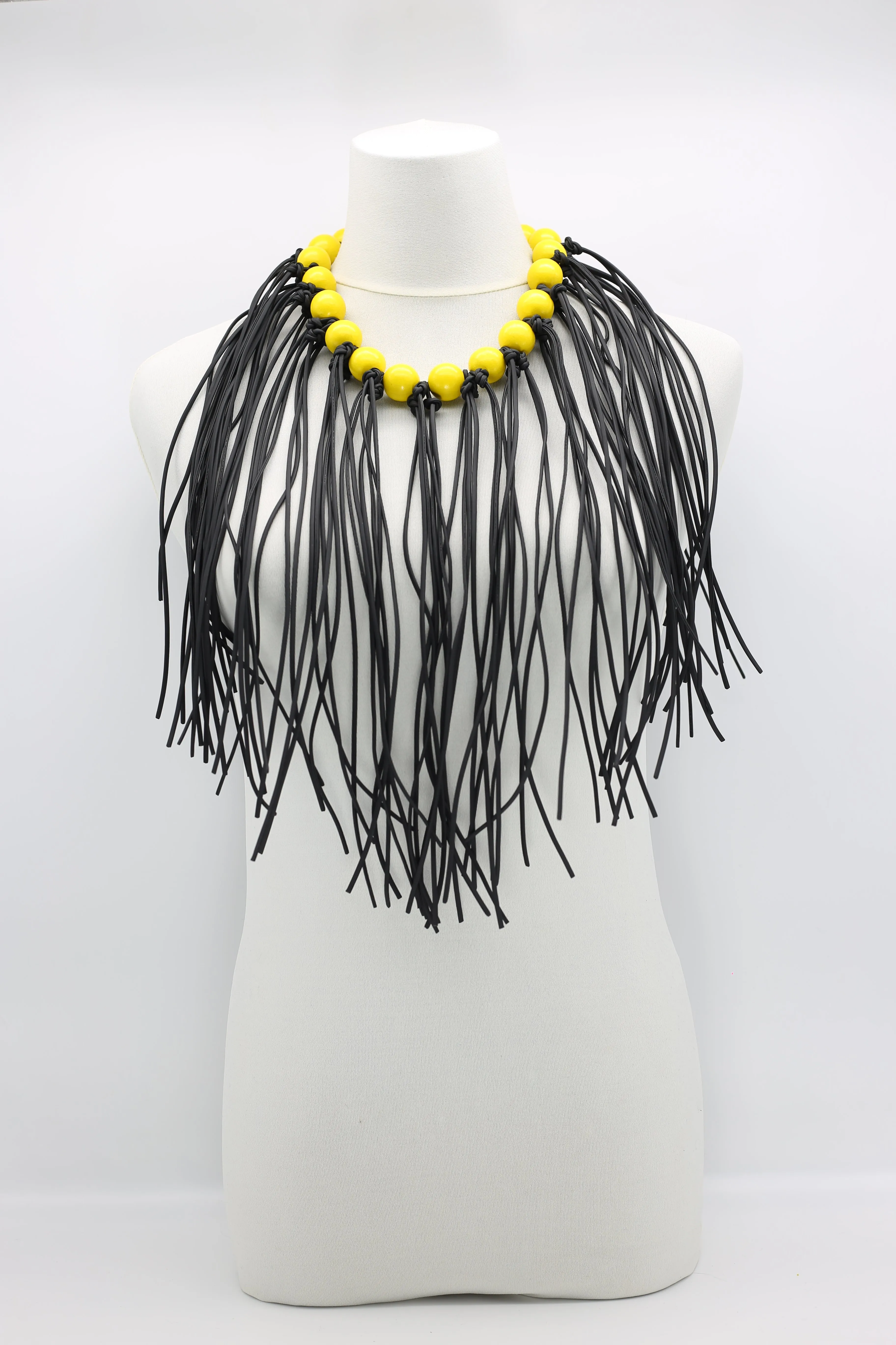 Round Beads & Leatherette Fringe Necklace