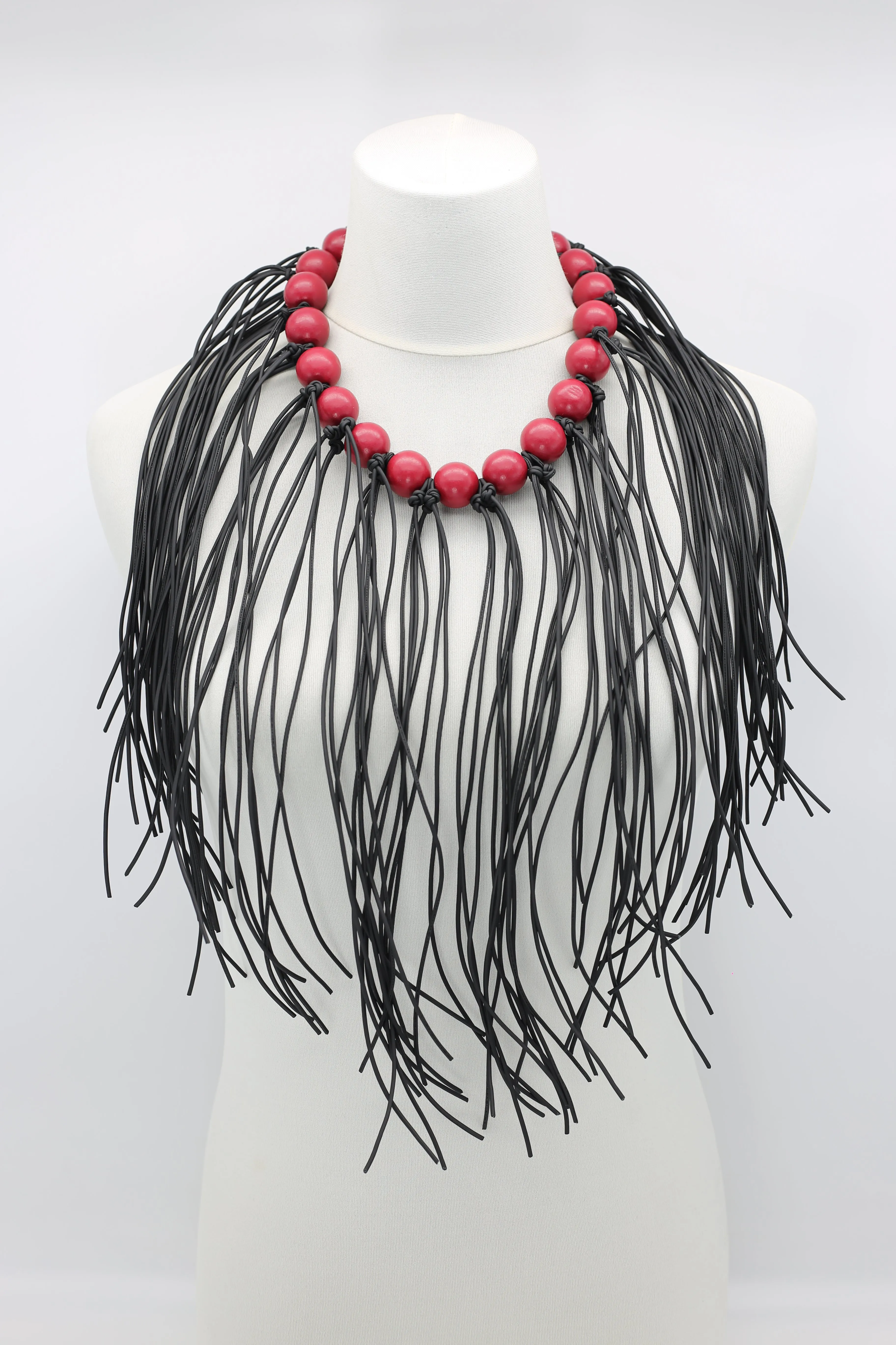 Round Beads & Leatherette Fringe Necklace