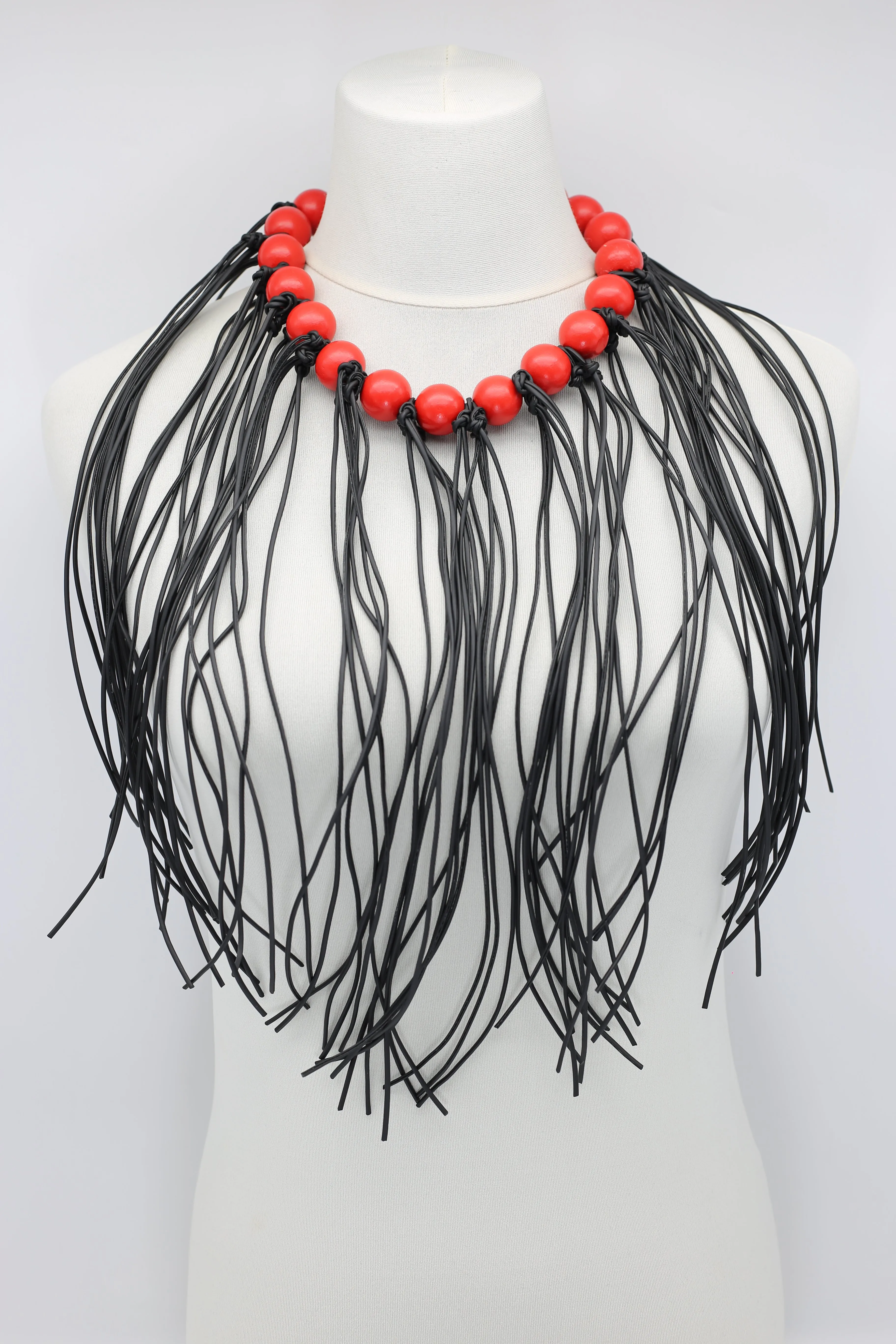Round Beads & Leatherette Fringe Necklace