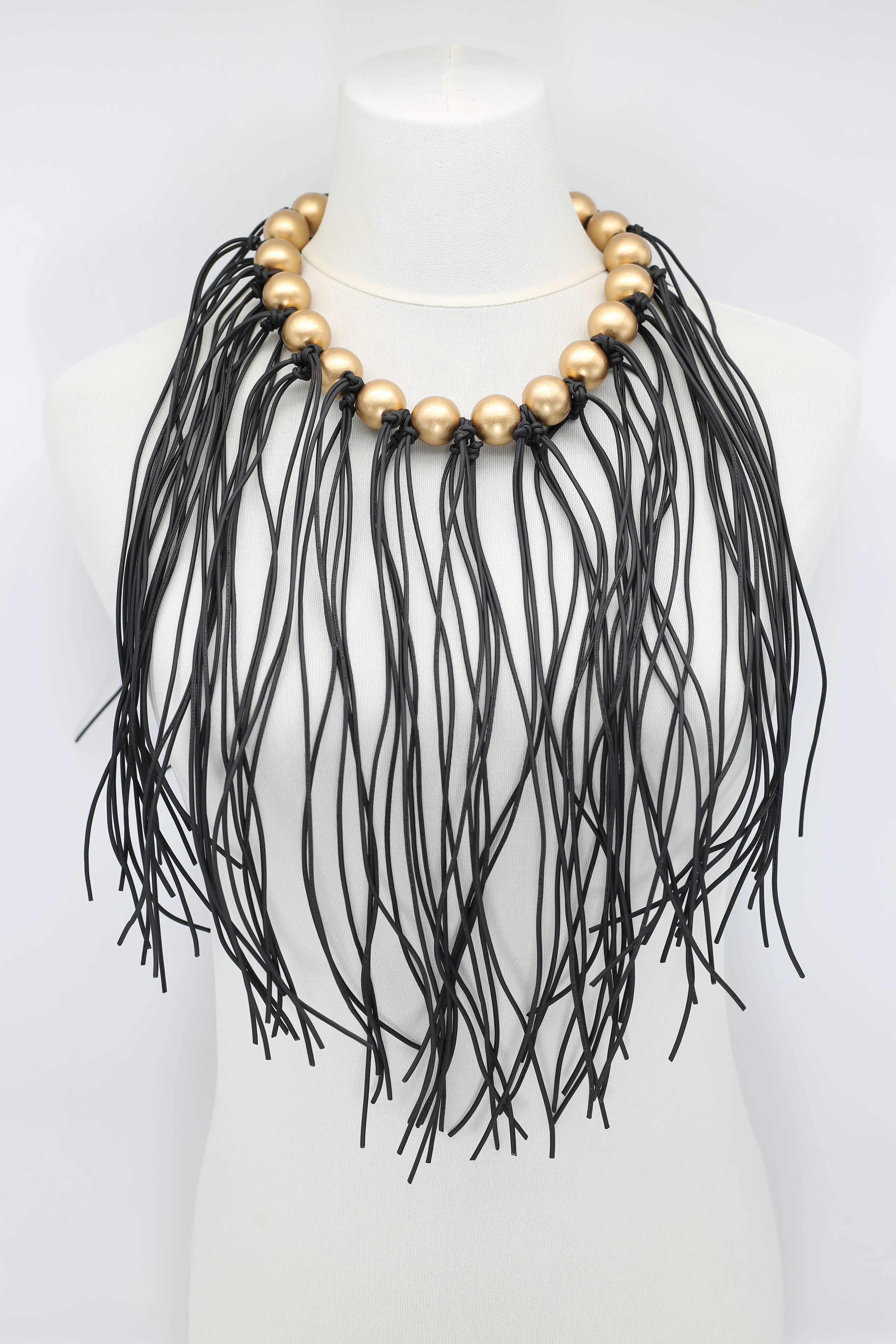 Round Beads & Leatherette Fringe Necklace