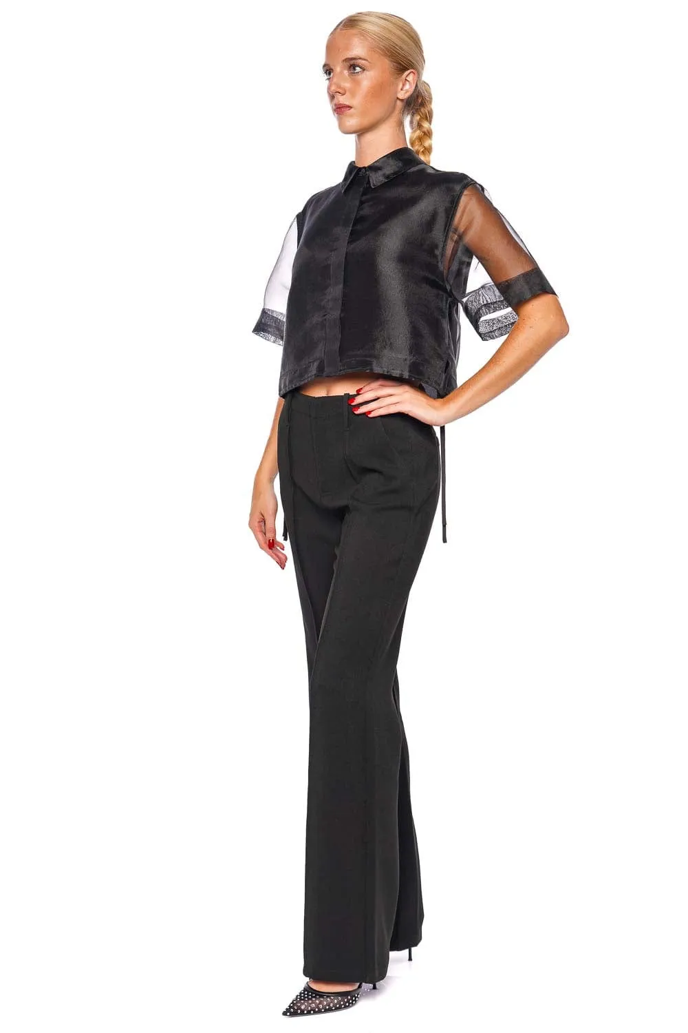 Ryett Sheer Drawstring Cropped Shirt