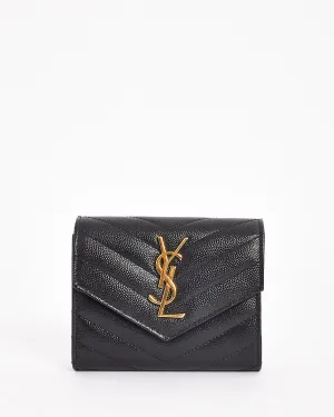 Saint Laurent Black Grain de Poudre Embossed Leather Cassandre Matlasssé Small Envelope Wallet