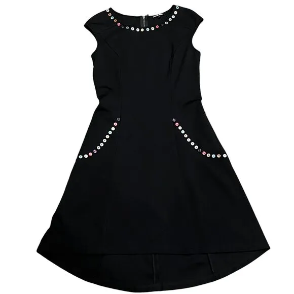 Samuel Dong Ponte Black Cap Sleeve Dress, Button Detail, S