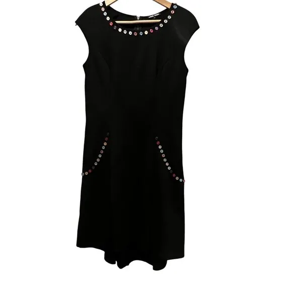 Samuel Dong Ponte Black Cap Sleeve Dress, Button Detail, S