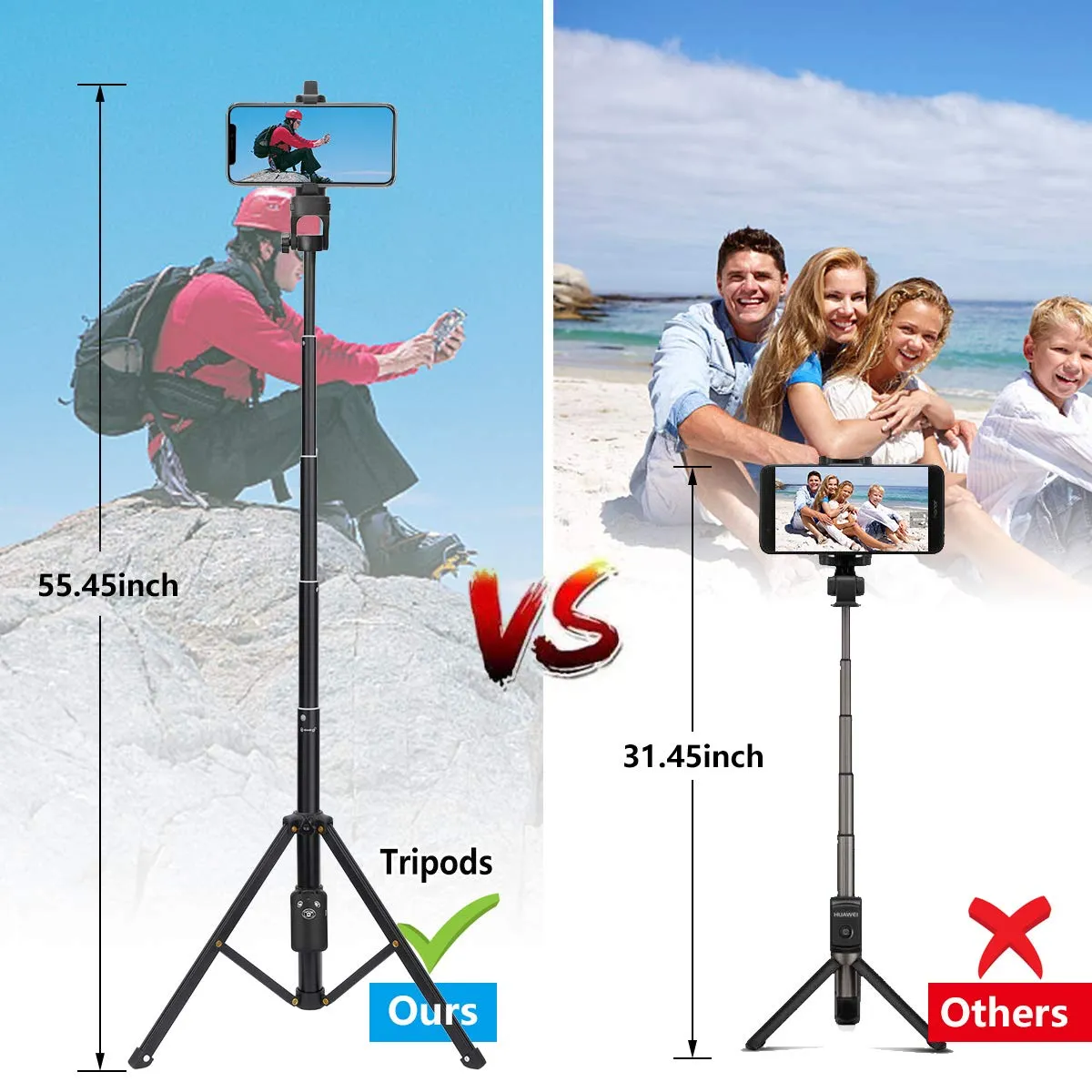 Selfie Stick Tripod Extendable Camera Tripod for Cellphone Wireless Remote for Apple & Android iPhone 8 X Plus Samsung Galaxy S9 Note8 black