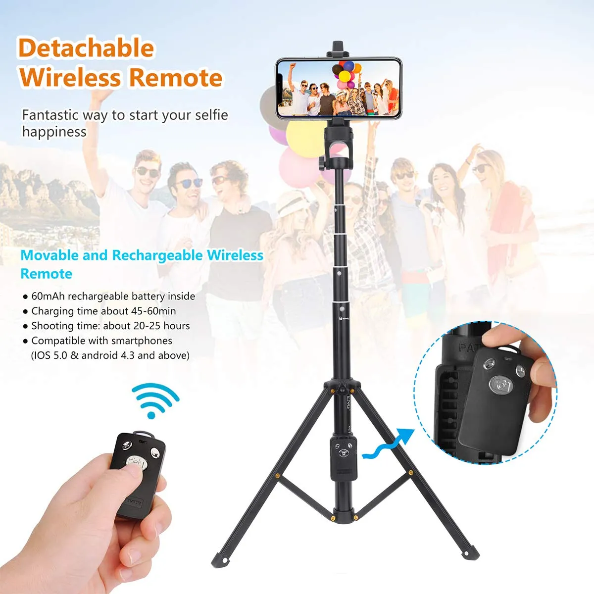 Selfie Stick Tripod Extendable Camera Tripod for Cellphone Wireless Remote for Apple & Android iPhone 8 X Plus Samsung Galaxy S9 Note8 black