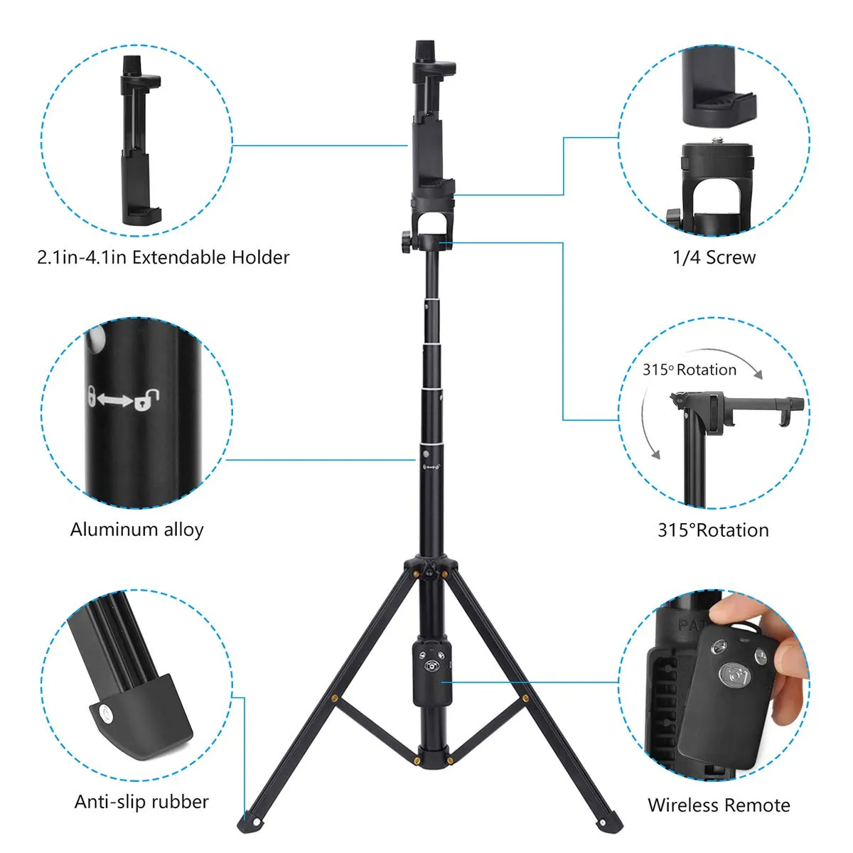 Selfie Stick Tripod Extendable Camera Tripod for Cellphone Wireless Remote for Apple & Android iPhone 8 X Plus Samsung Galaxy S9 Note8 black