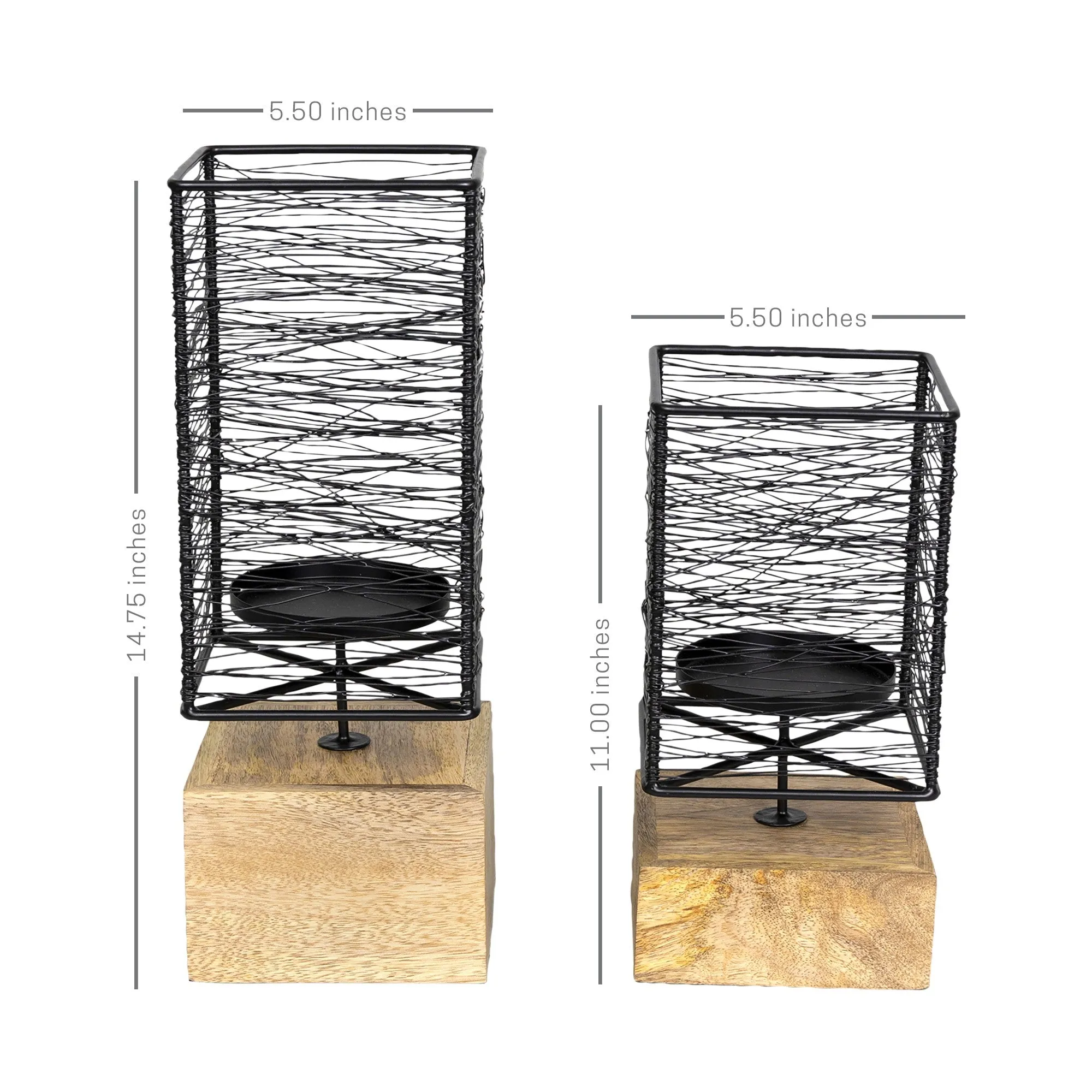 Set of Two Contemporary Wood and Metal Candle Holders