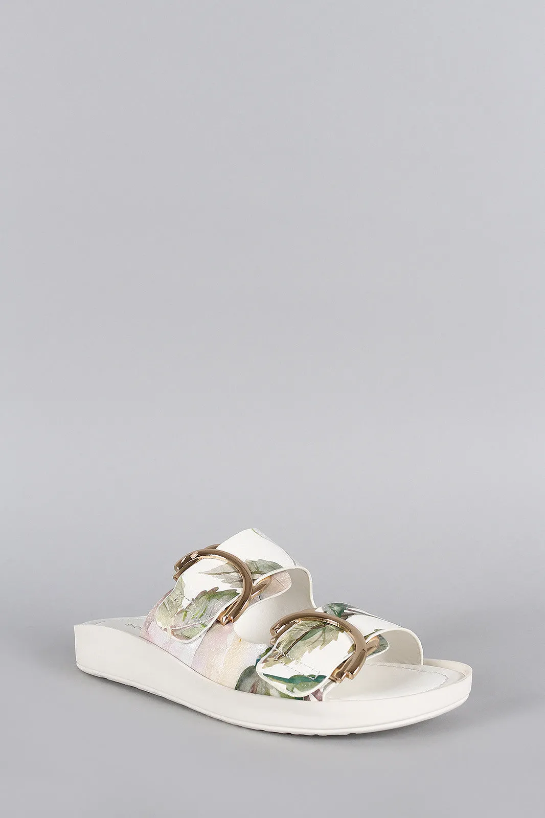 Shoe Republic LA Floral Buckle Slip On Flat Sandal