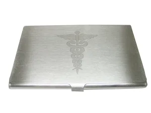 Silver Toned Etched Large Caduceus Medical Symbol Business Card Holder