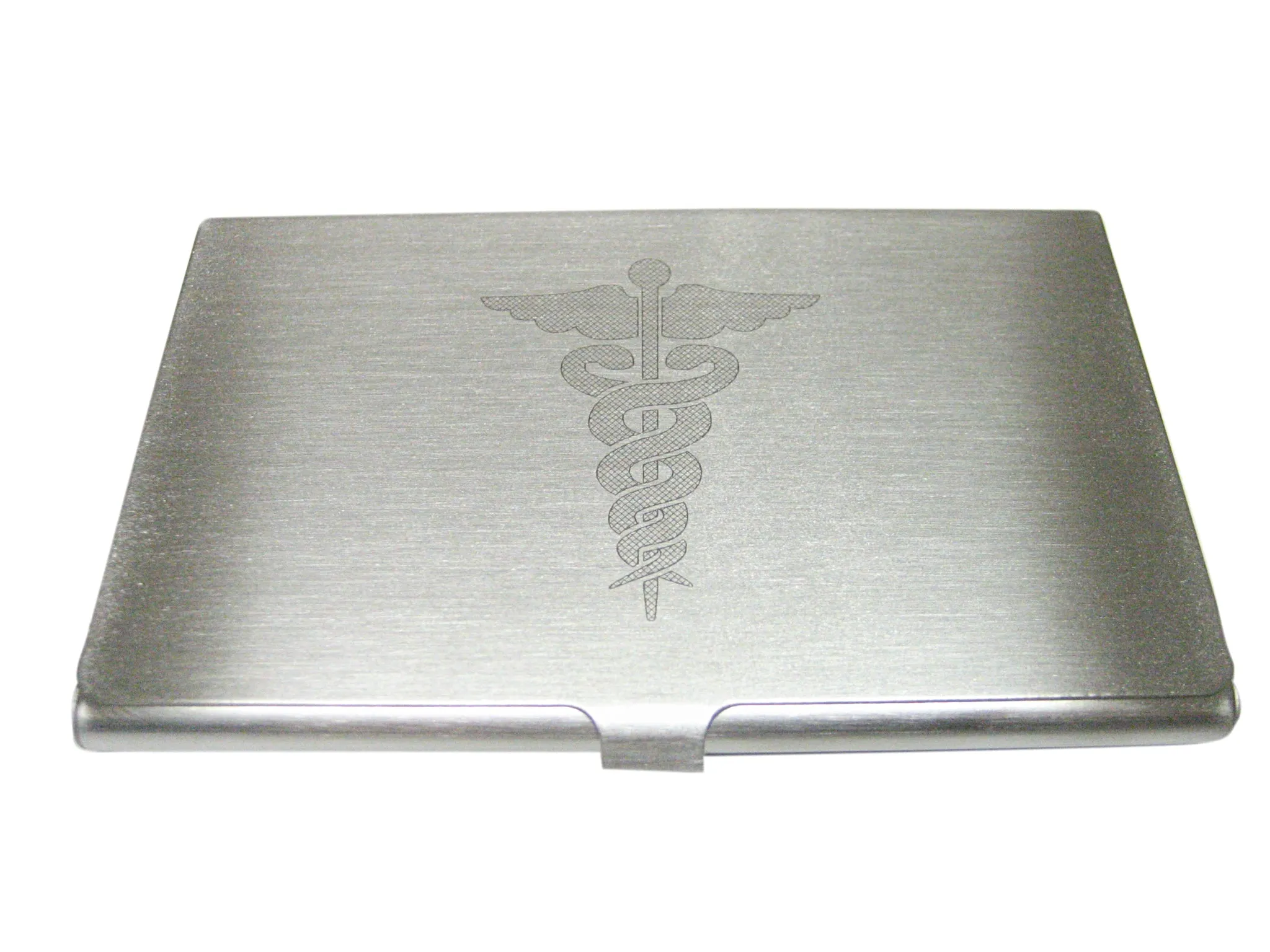 Silver Toned Etched Large Caduceus Medical Symbol Business Card Holder