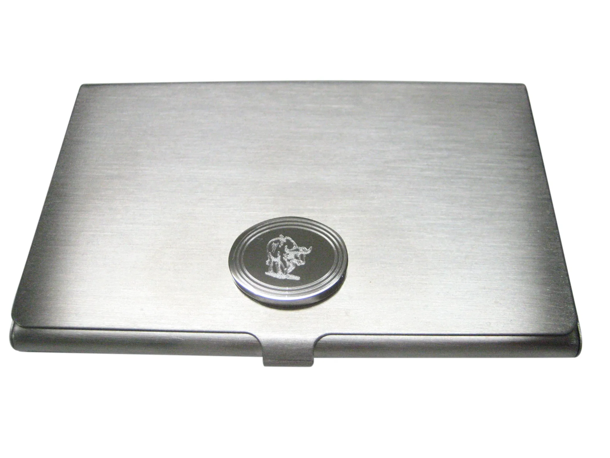 Silver Toned Etched Oval African Buffalo Business Card Holder